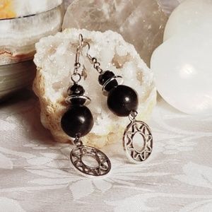 Black Magnesite Gemstone Sphere Sun Earrings Goth alt fall Halloween